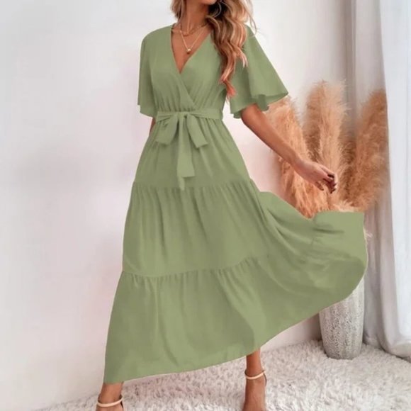 Boho Surplice Butterfly Sleeve Ruffle Maxi Dress GREEN - Picture 5 of 5